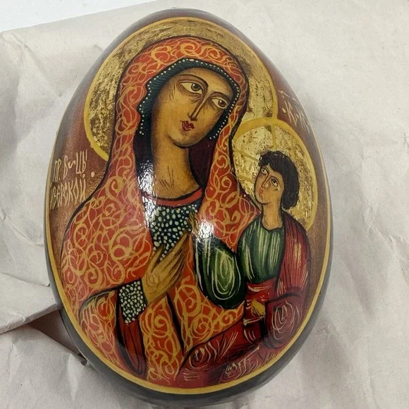 Russian Orthodox Icon Wooden Eggs Hand Painted Virgin Mary St George Signed 1991 - Picture 7 of 15